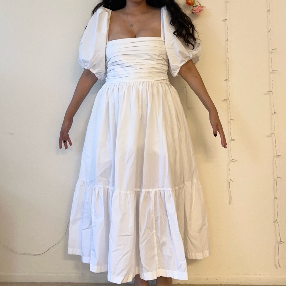 Abercrombie & Fitch White Pleated Puff Sleeve Midi Dress